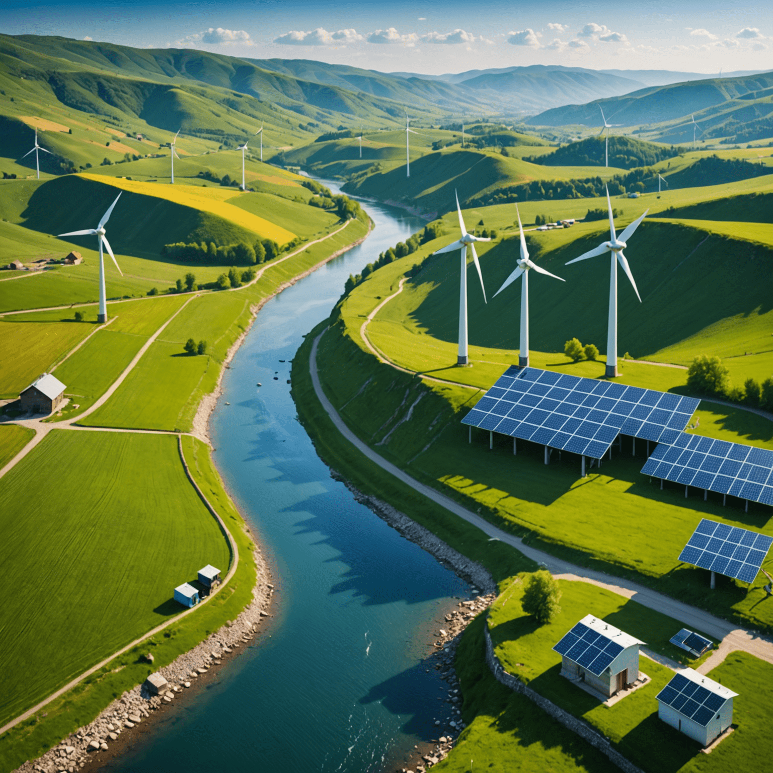 Imagine reprezentând diverse surse de energie regenerabilă în peisajul românesc, inclusiv turbine eoliene, panouri solare și hidrocentrale