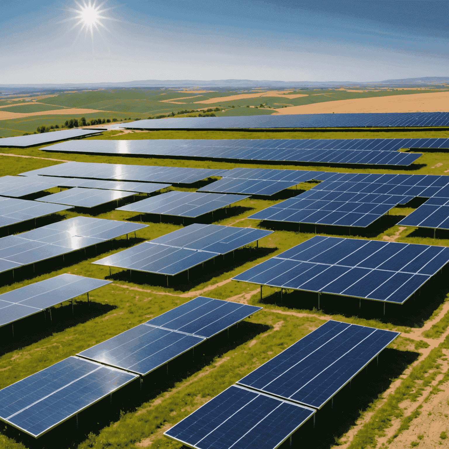 Parc fotovoltaic extins în Dobrogea, cu panouri solare strălucitoare reflectând lumina soarelui, simbolizând potențialul energiei solare în România